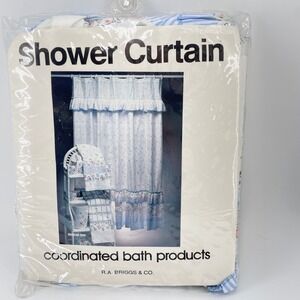Vintage RA Briggs Floral Double Ruffle Shower Curtain Blue White Stripe 1980s